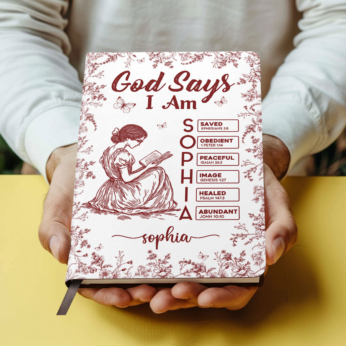 God Says I Am Toile De Jouy | Personalized Leather Cover Notebook
